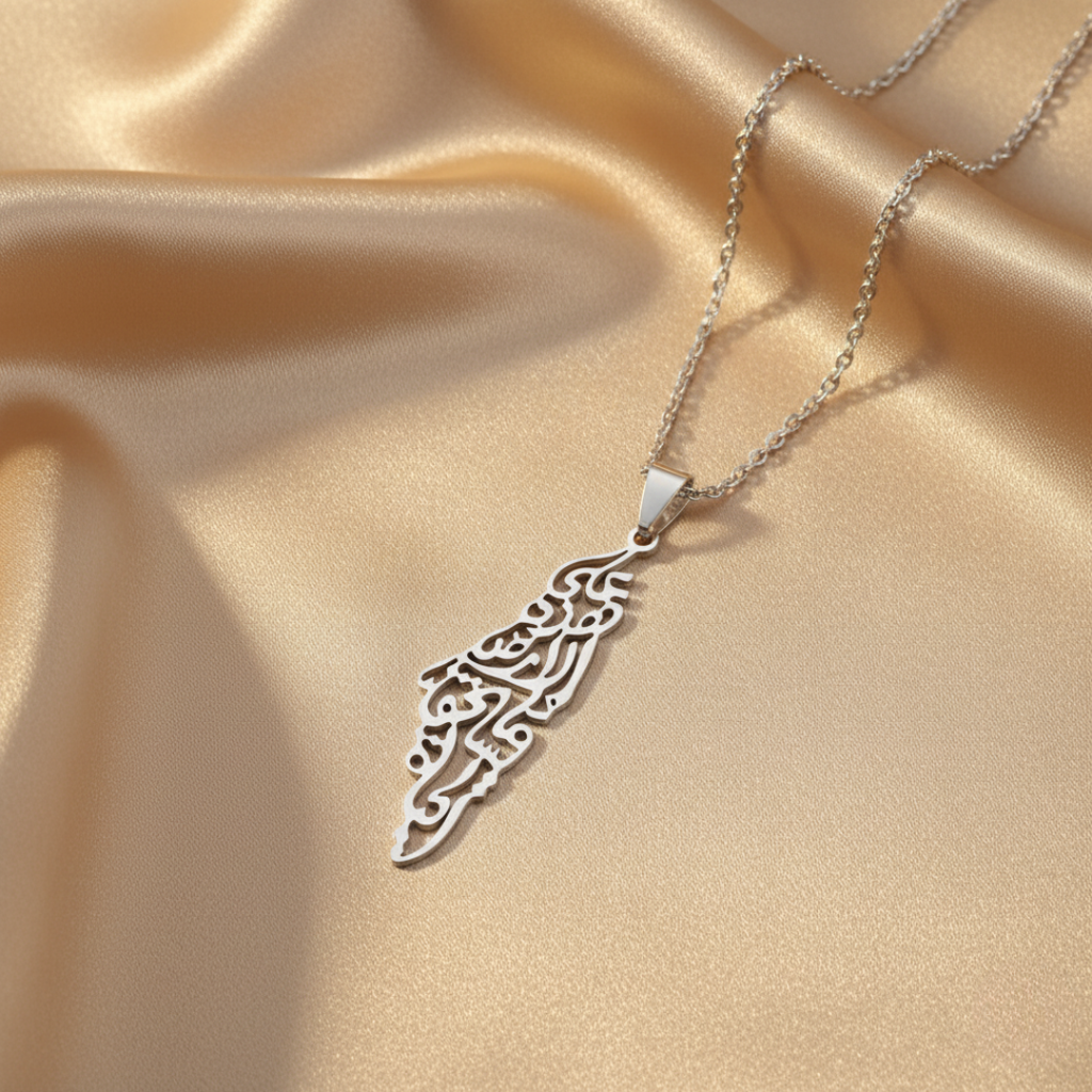 Palestine Calligraphy Map Necklace